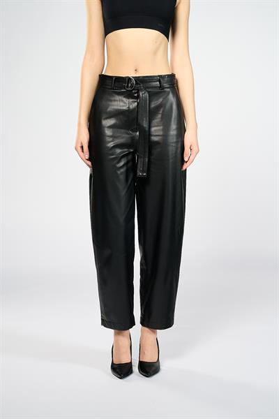Kadın Siyah Deri Varil Pantolon