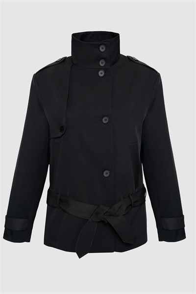 Kadın Siyah Dik Yaka Oversize Kısa Trençkot