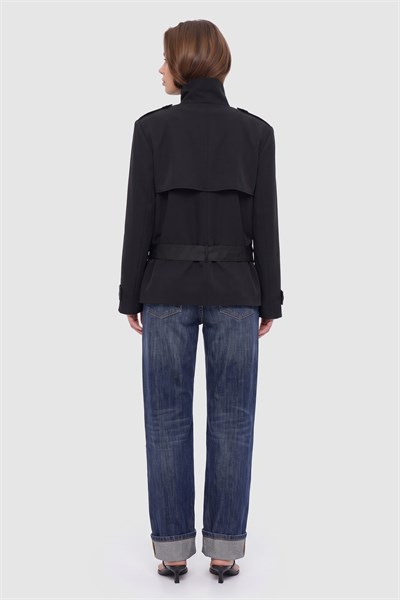 Kadın Siyah Dik Yaka Oversize Kısa Trençkot