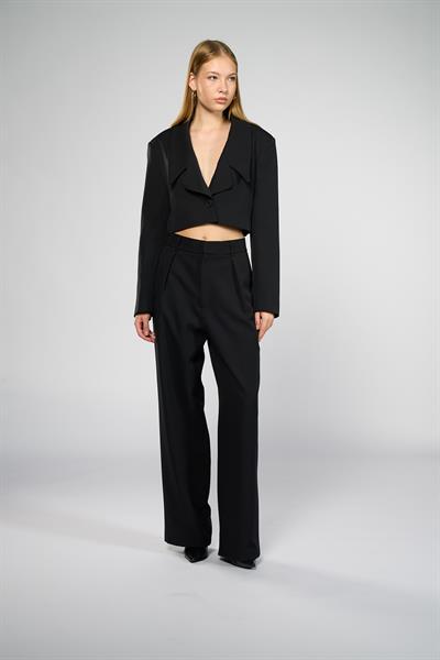 Kadın Siyah Geniş Yaka Crop Blazer