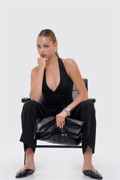 Kadın Siyah Halter Yaka Kruvaze Fit Yelek