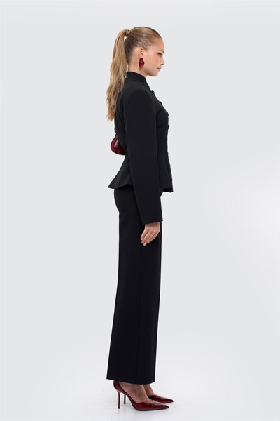 Kadın Siyah Kruvaze Düğmeli Peplum Blazer