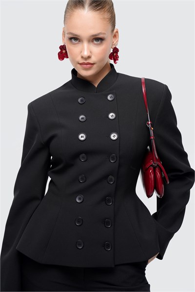 Kadın Siyah Kruvaze Düğmeli Peplum Blazer