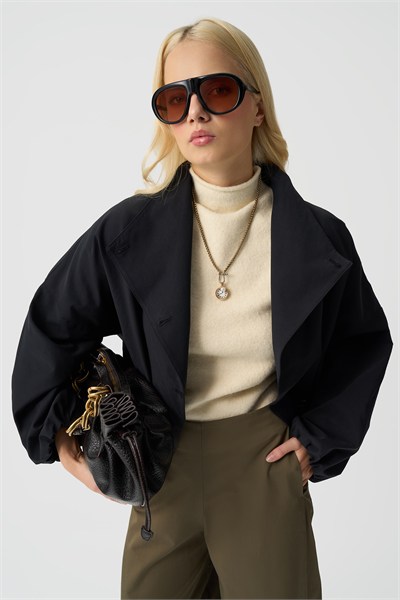 Kadın Siyah Kruvaze Oversize Bomber Ceket