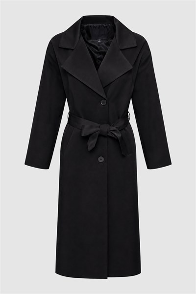 Kadın Siyah Oversize Kuşaklı Trençkot
