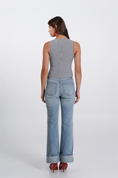 Kadın Siyah Pötikare Kruvaze Slim Fit Yelek