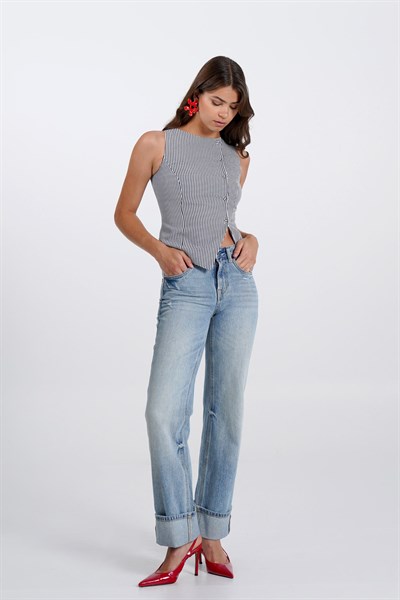 Kadın Siyah Pötikare Kruvaze Slim Fit Yelek