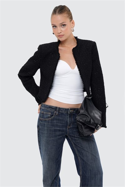 Kadın Siyah Simli Crop Tüvit Ceket