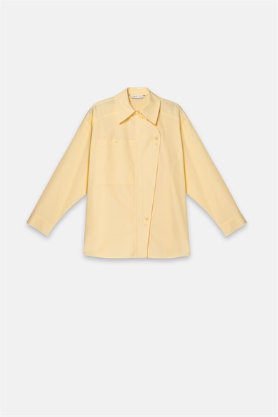 Kadın Tereyağı Sarısı Pat Detaylı Oversize Gömlek