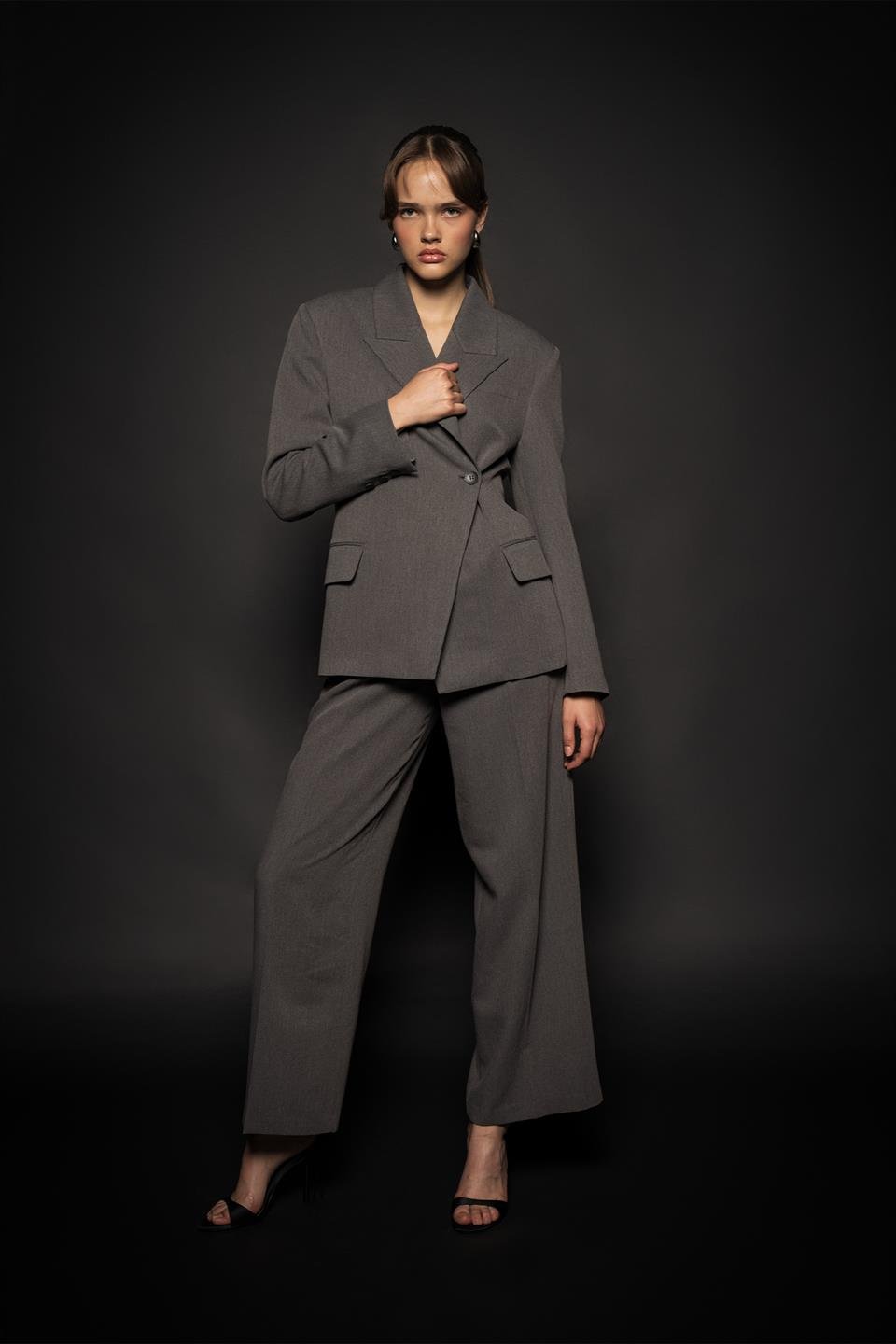 Kadın Antrasit Asimetrik Kruvaze Blazer-Thalure