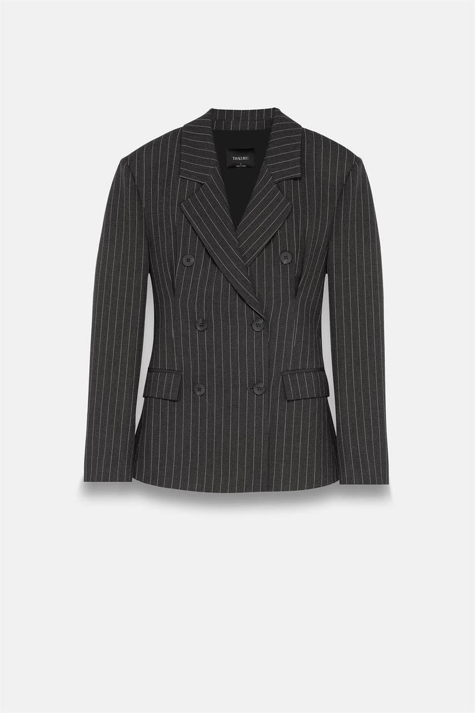 Kadın Antrasit Pens Detaylı Çizgili Blazer-Thalure