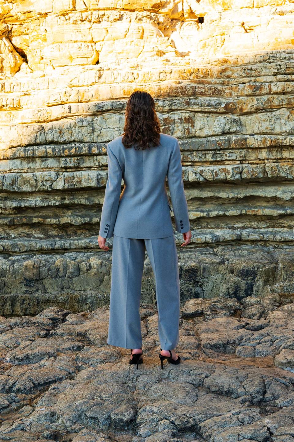Kadın Gri Asimetrik Kruvaze Blazer-Thalure