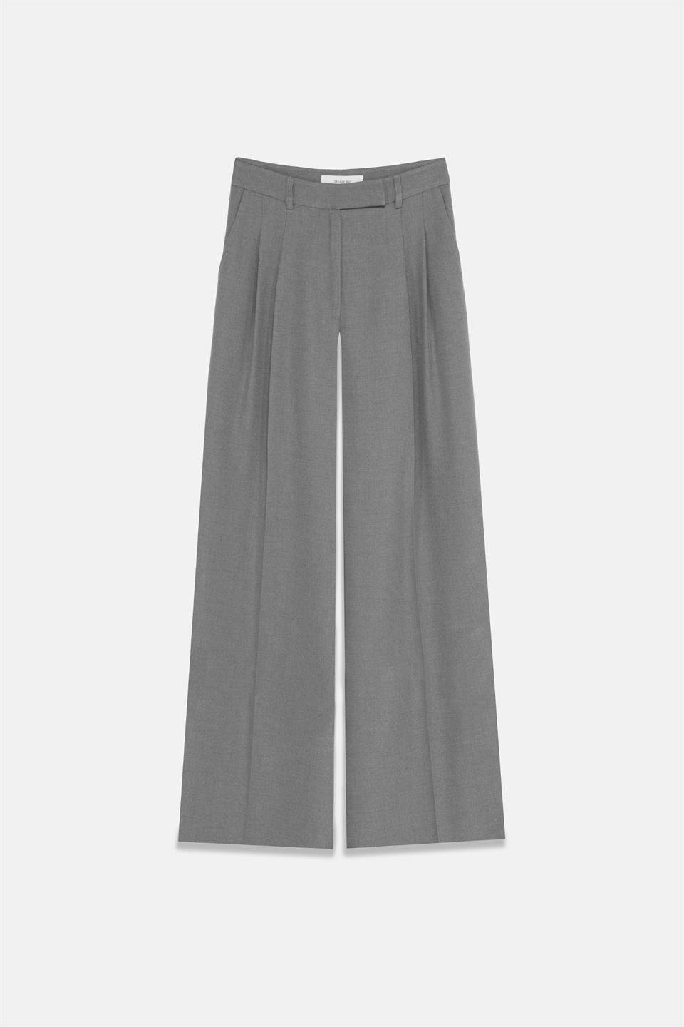 Kadın Gri Çift Pileli Oversize Pantolon-Thalure