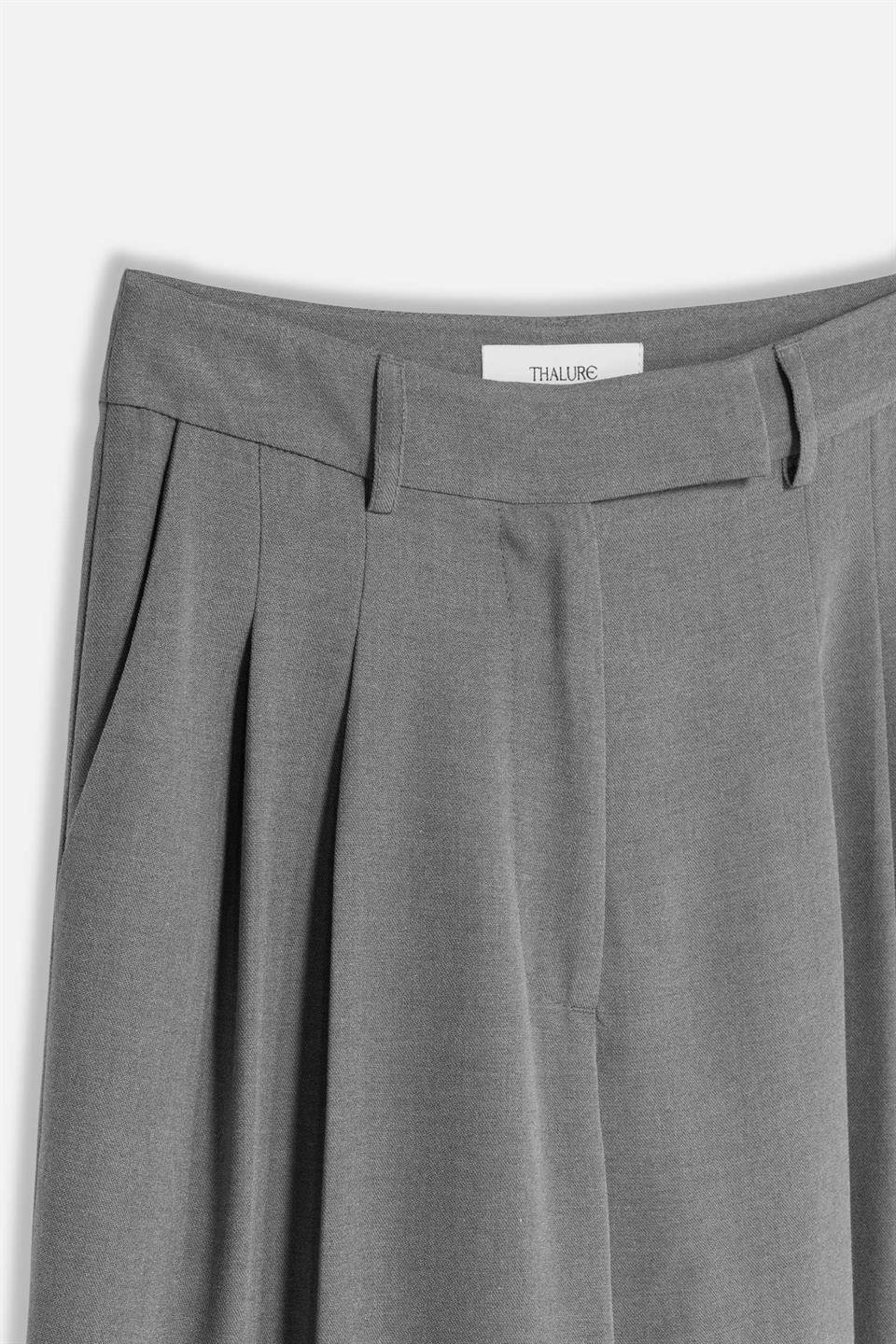 Kadın Gri Çift Pileli Oversize Pantolon-Thalure