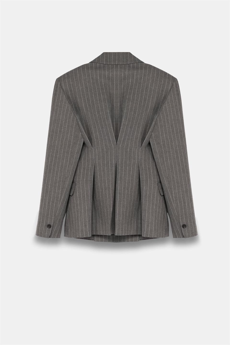 Kadın Gri Pens Detaylı Çizgili Blazer-Thalure