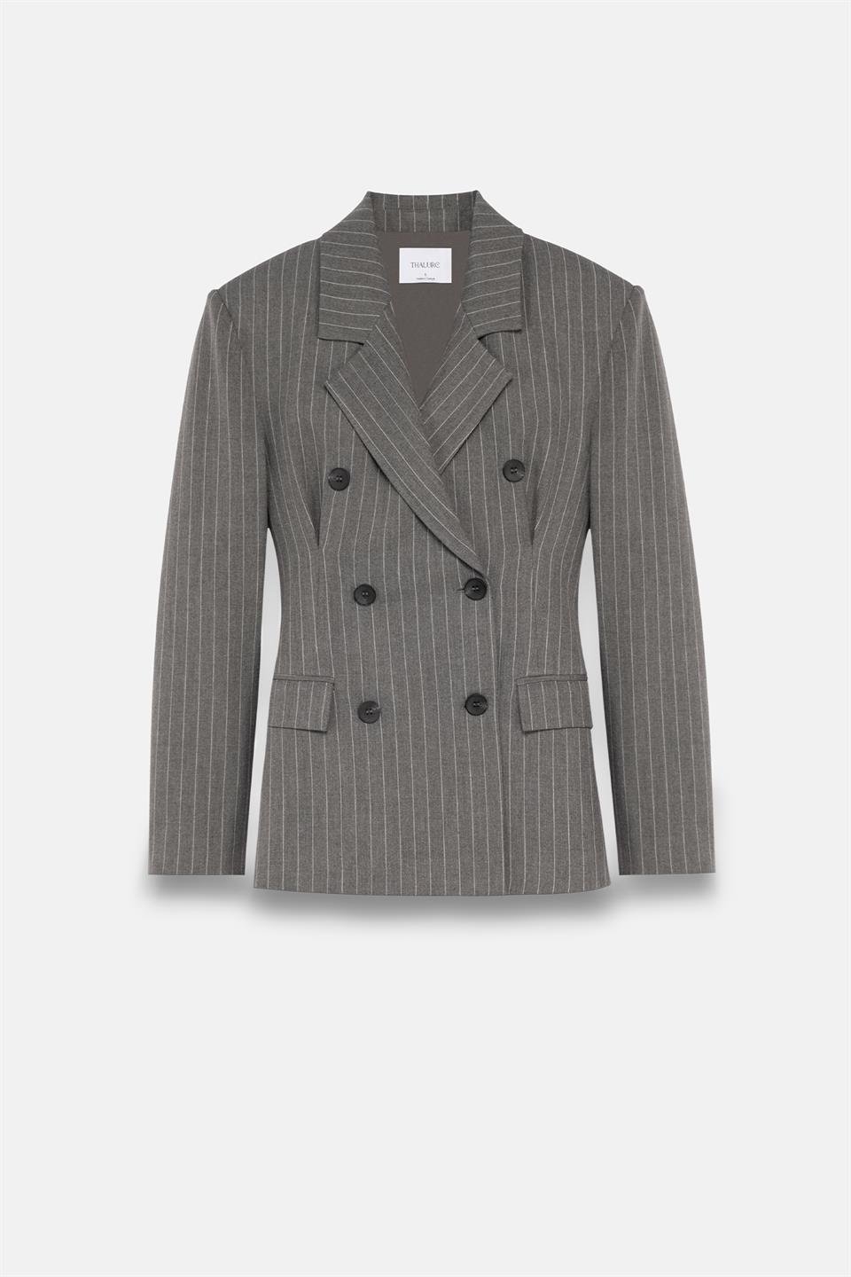Kadın Gri Pens Detaylı Çizgili Blazer-Thalure