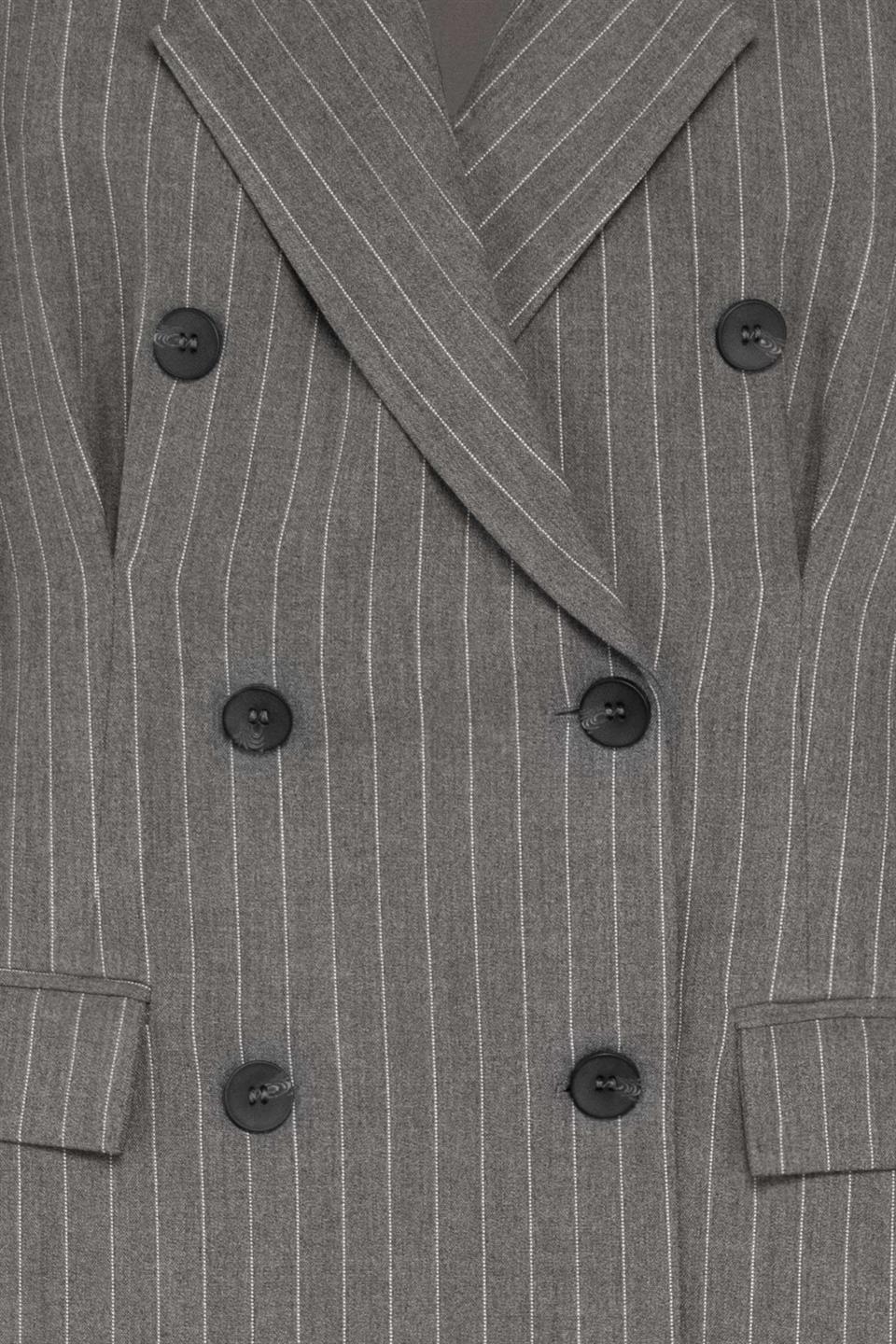 Kadın Gri Pens Detaylı Çizgili Blazer-Thalure