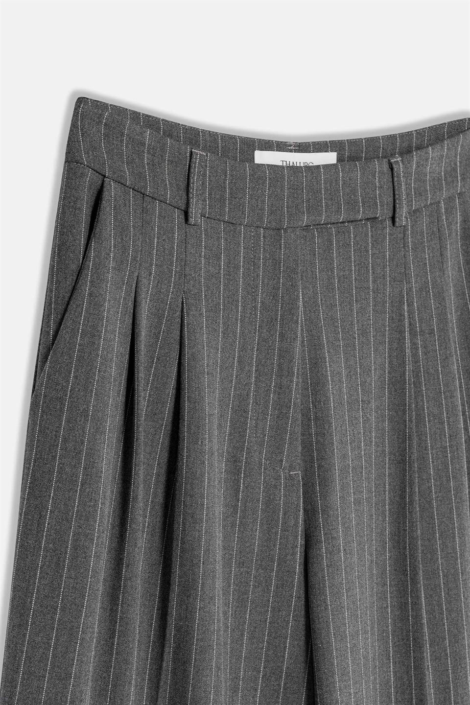 Kadın Gri Yüksek Bel Çizgili Bol Paça Pantolon-Thalure