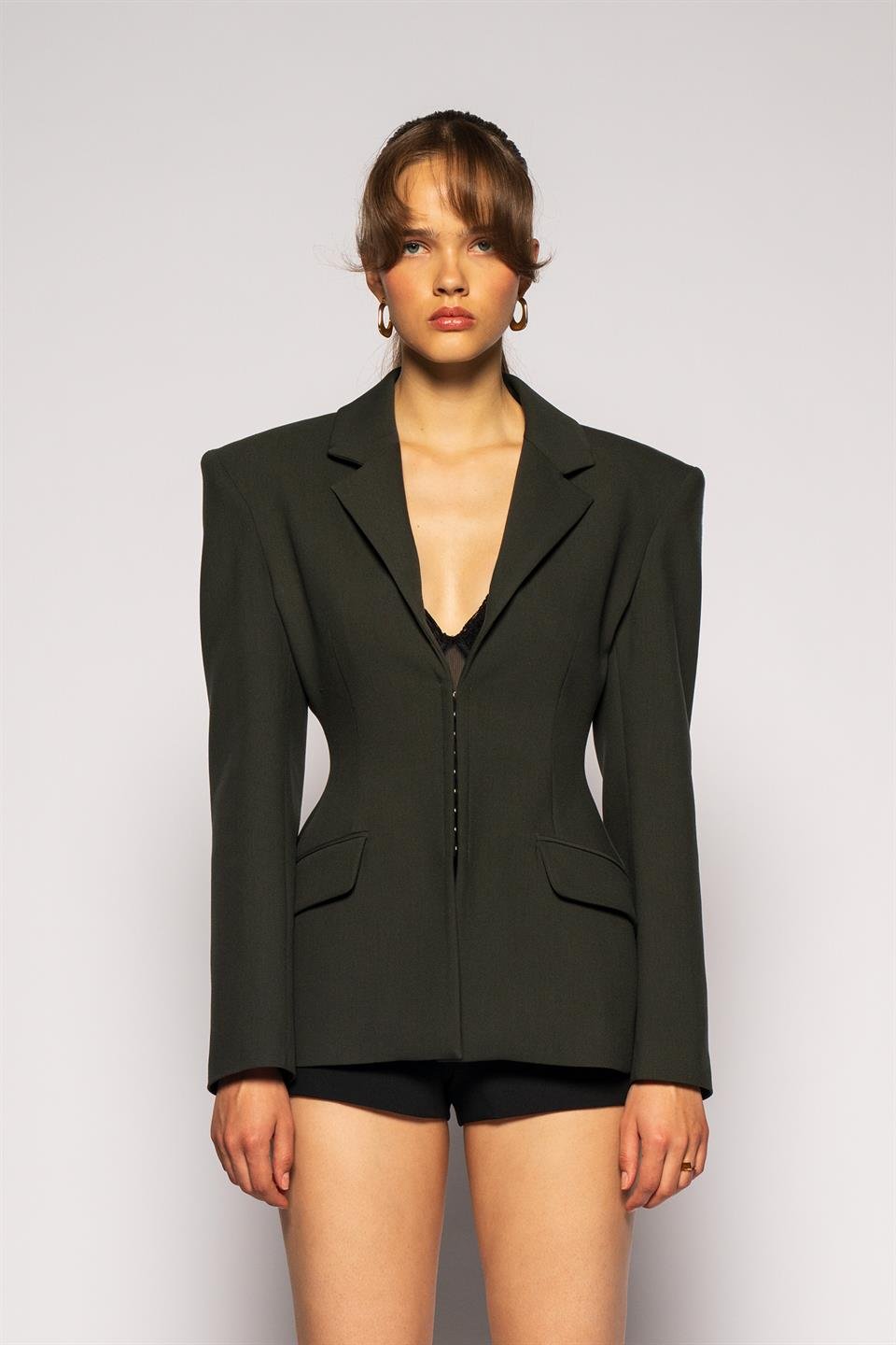 Kadın Koyu Haki Agraflı Bele Oturan Blazer-Thalure