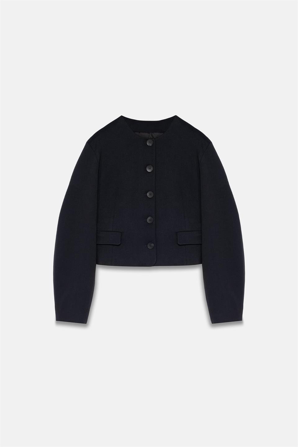 Kadın Lacivert Balon Kol Crop Blazer-Thalure