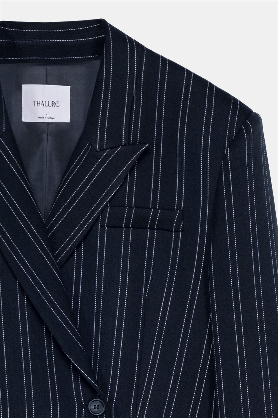 Kadın Lacivert Çizgili Oversize Blazer-Thalure