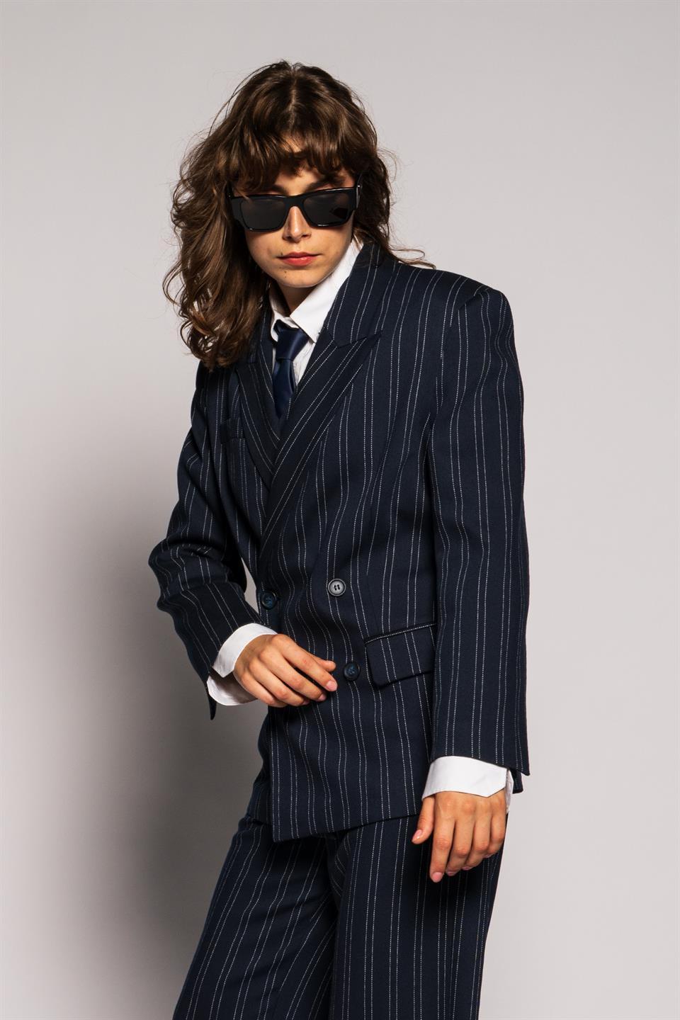 Kadın Lacivert Çizgili Oversize Blazer-Thalure