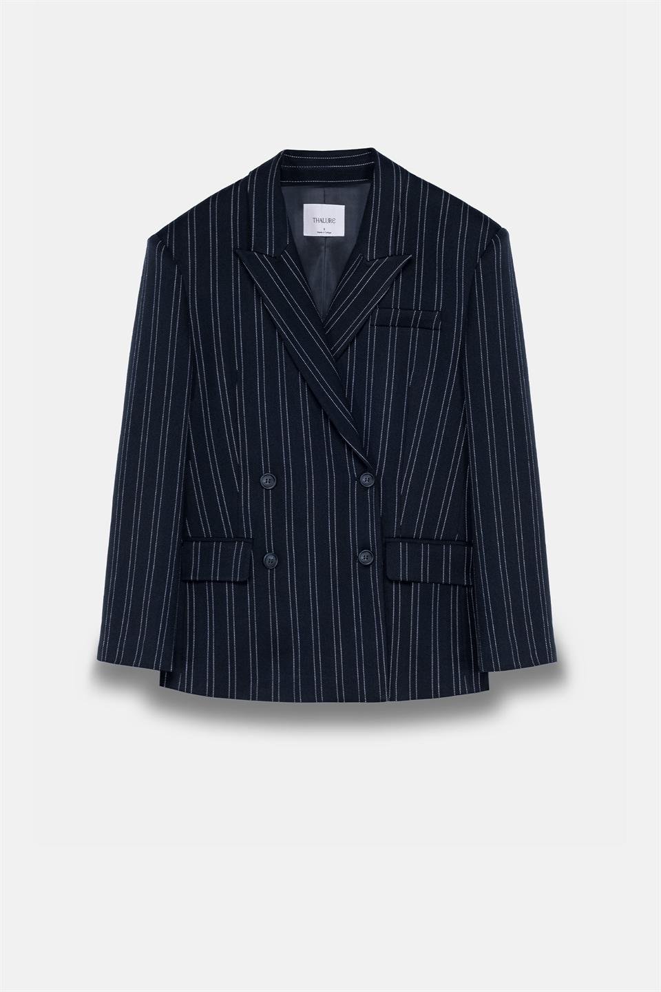 Kadın Lacivert Çizgili Oversize Blazer-Thalure