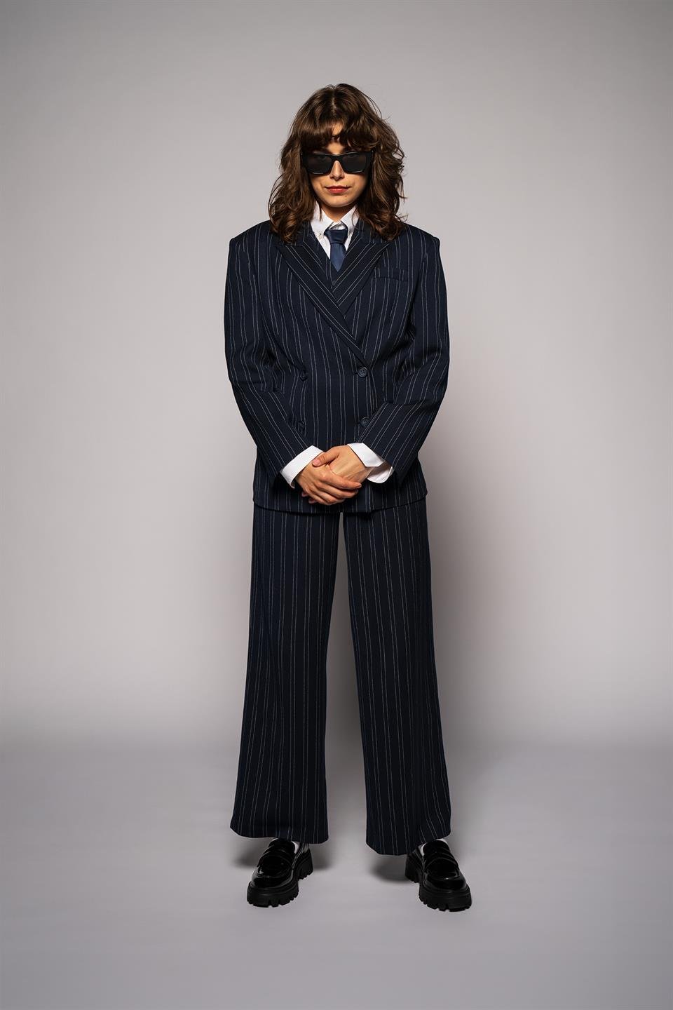 Kadın Lacivert Çizgili Oversize Blazer-Thalure