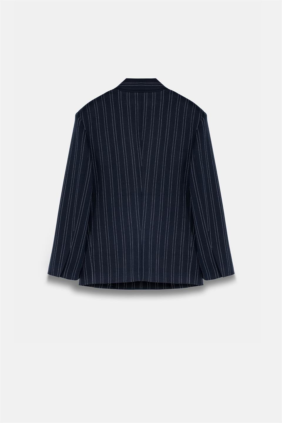 Kadın Lacivert Çizgili Oversize Blazer-Thalure