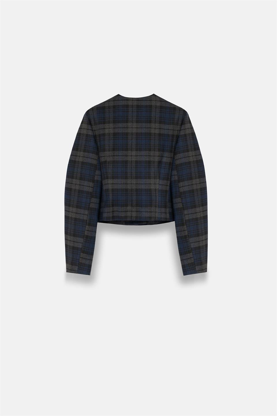 Kadın Lacivert Ekoseli Bisiklet Yaka Crop Blazer-Thalure
