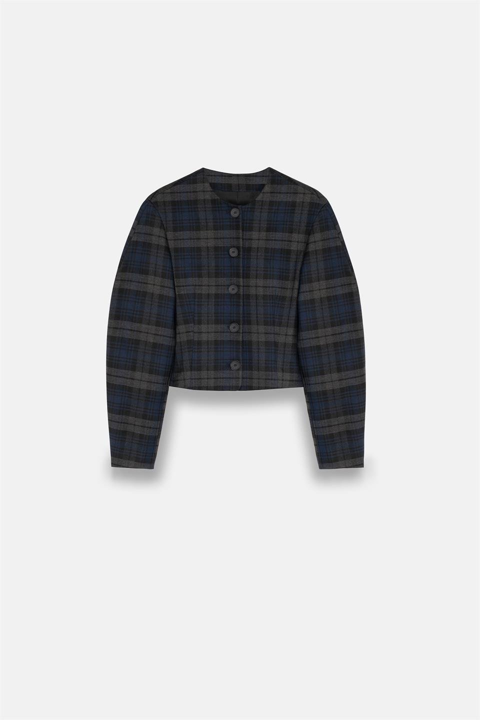 Kadın Lacivert Ekoseli Bisiklet Yaka Crop Blazer-Thalure