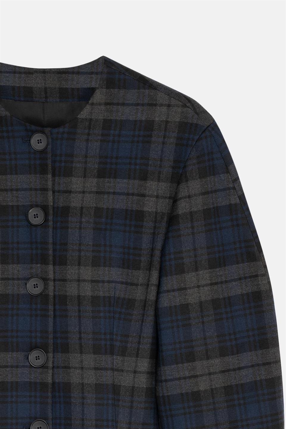 Kadın Lacivert Ekoseli Bisiklet Yaka Crop Blazer-Thalure
