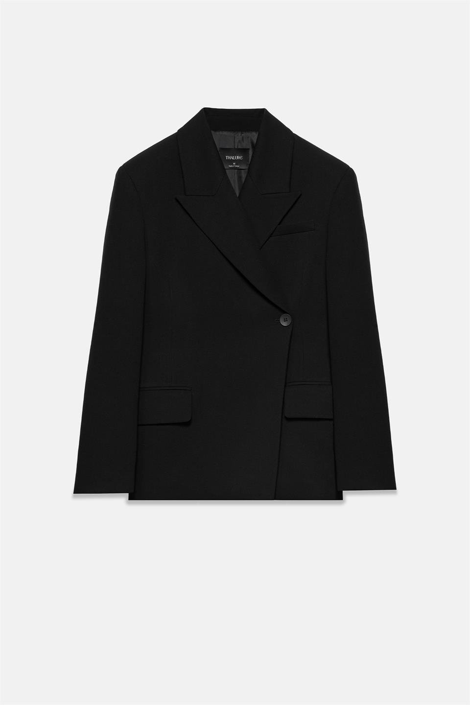 Kadın Siyah Asimetrik Kruvaze Blazer-Thalure