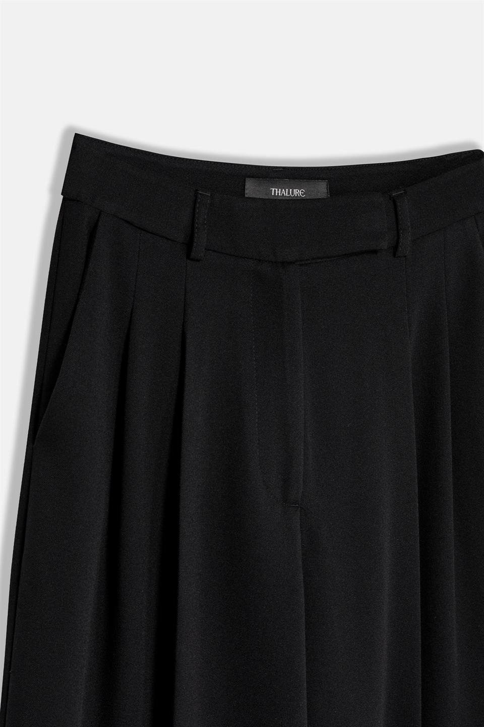 Kadın Siyah Çift Pileli Oversize Pantolon-Thalure