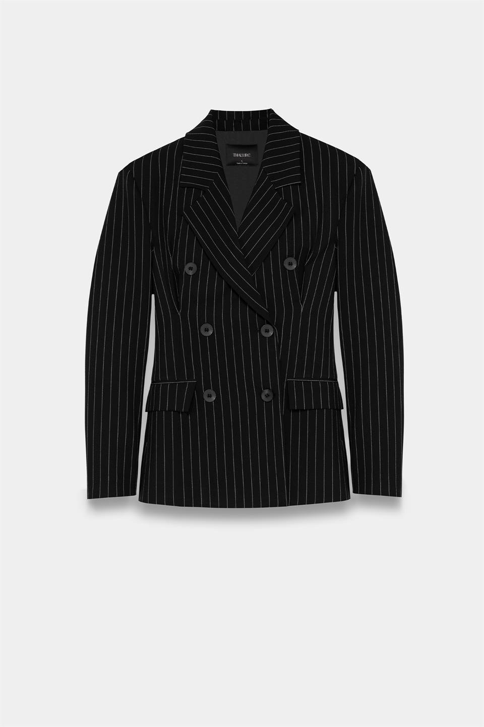 Kadın Siyah Pens Detaylı Çizgili Blazer-Thalure