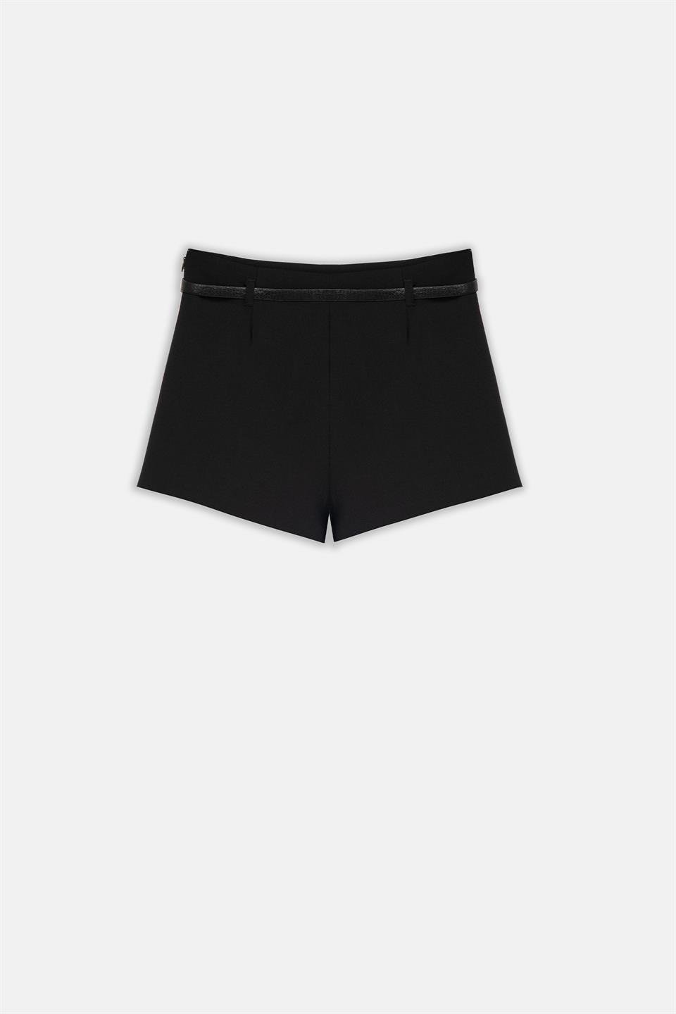 Kadın Siyah Yüksek Bel Hazır Kemerli Slim Fit Şort-Thalure