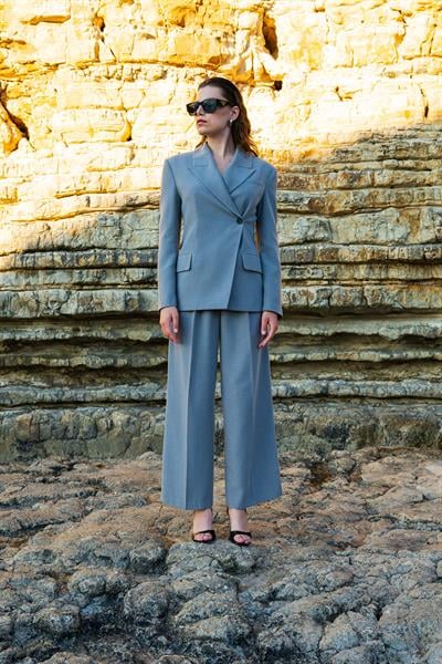 Kadın Gri Asimetrik Kruvaze Blazer-Thalure