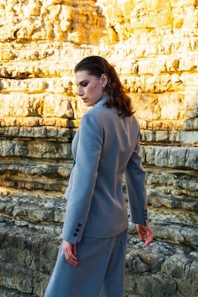 Kadın Gri Asimetrik Kruvaze Blazer-Thalure