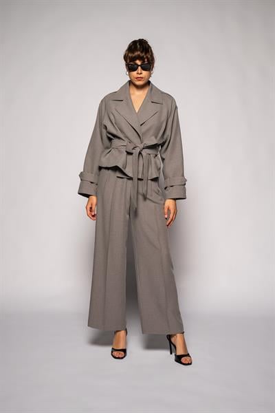 Kadın Gri Çift Pileli Oversize Pantolon-Thalure