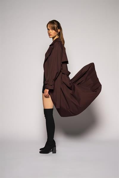 Kadın Koyu Bordo Pileli Oversize Trençkot-Thalure