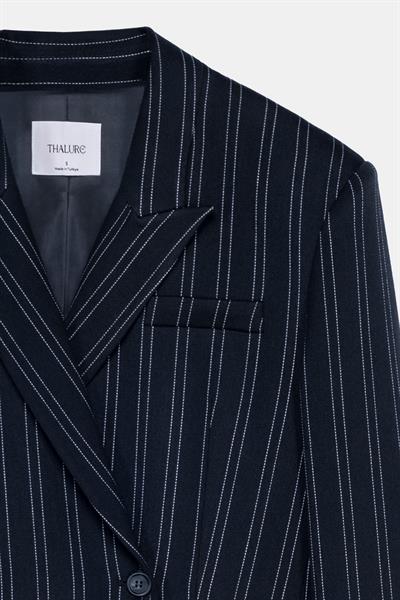 Kadın Lacivert Çizgili Oversize Blazer-Thalure