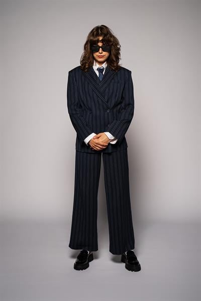 Kadın Lacivert Çizgili Oversize Blazer-Thalure