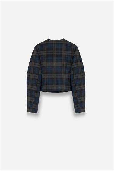 Kadın Lacivert Ekoseli Bisiklet Yaka Crop Blazer-Thalure