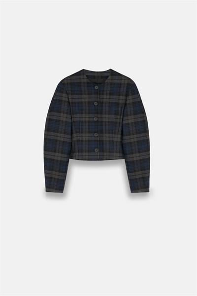 Kadın Lacivert Ekoseli Bisiklet Yaka Crop Blazer-Thalure