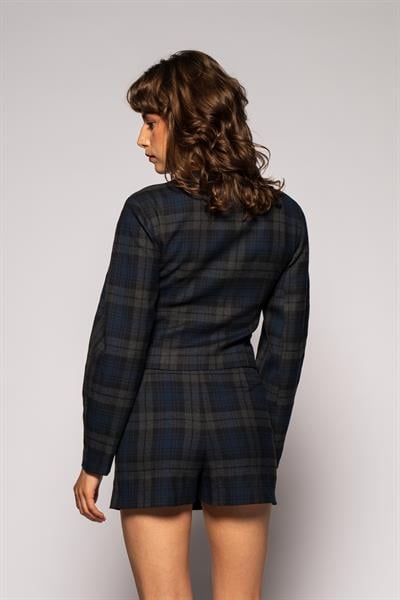 Kadın Lacivert Ekoseli Bisiklet Yaka Crop Blazer-Thalure