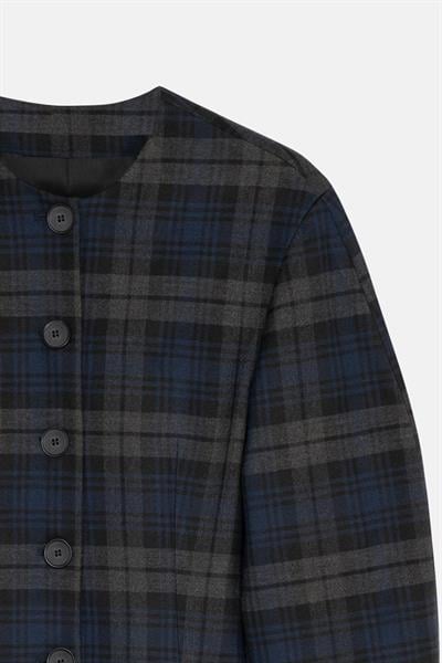 Kadın Lacivert Ekoseli Bisiklet Yaka Crop Blazer-Thalure