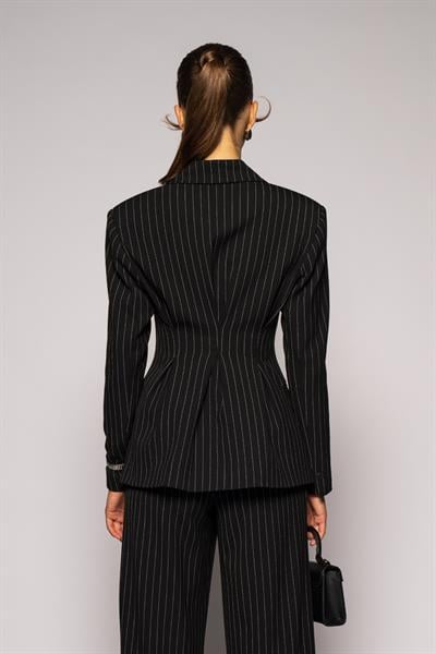 Kadın Siyah Pens Detaylı Çizgili Blazer-Thalure