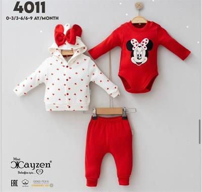 Hırkalı Kalpli Minnie Kız Bebek Üçlü Takım