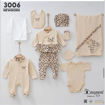 Leopar Desenli Naturel Mevsimlik Kız Bebek Onlu Set