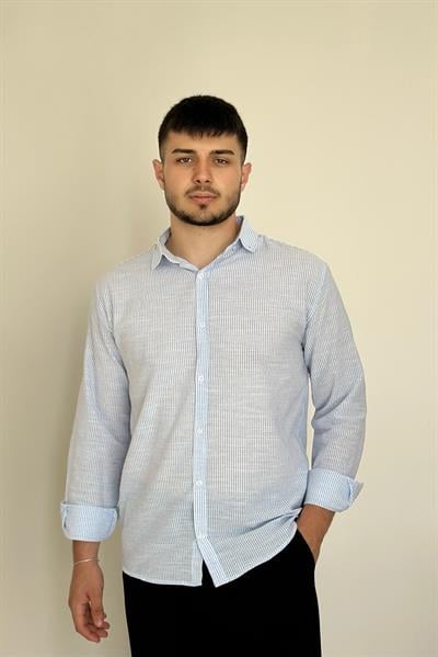 Çizgili Pamuklu Gömlek - Mavi / Beyaz